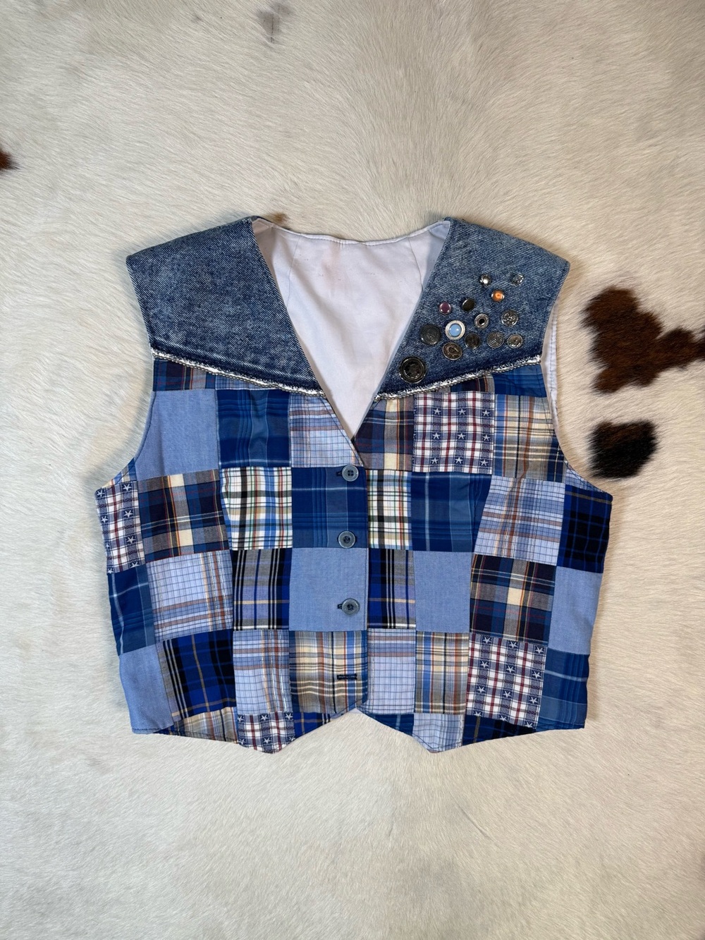 Handmade Patchwork Denim Western Vest Button Detail Small